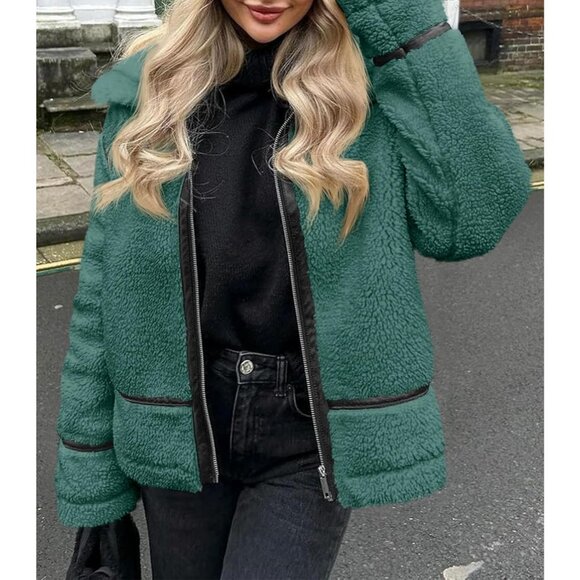 Women's Faux Fur Jacket Trendy Sherpa Moto Leather Patchwork Zip Up Army Green - Picture 2 of 6